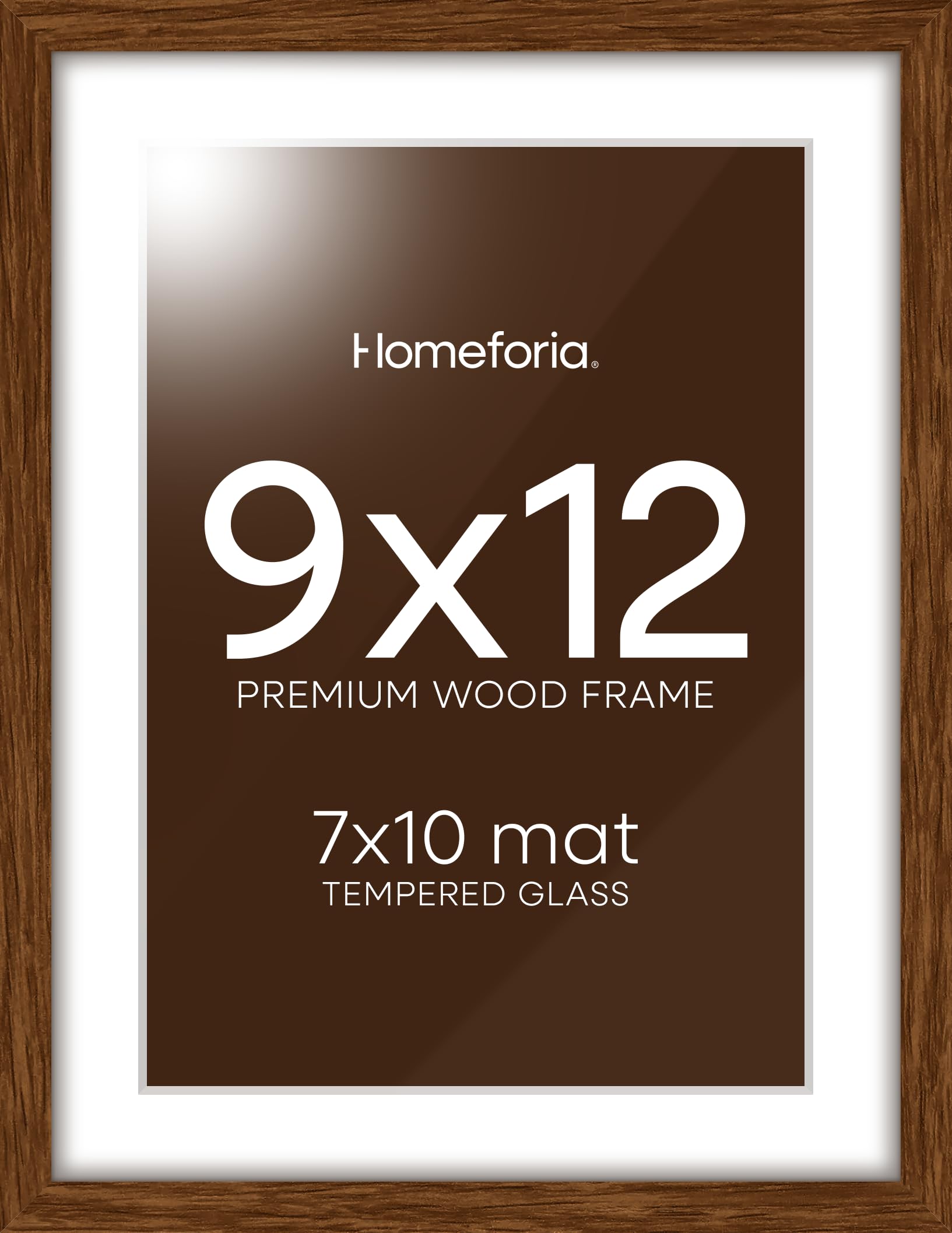 Homeforia 9x12 Brown Oak Picture Frame, High-End Wood, 7x10 Mat, Glass