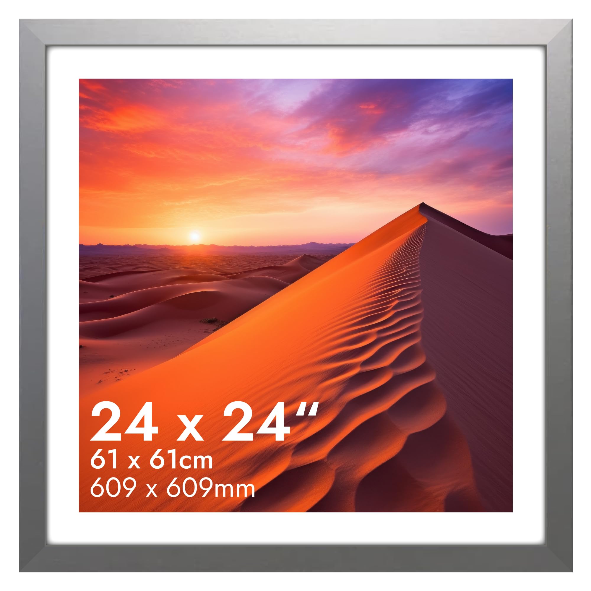 HNK Silver Square Picture Frames 24x24 Inches Engineered Wood and Plexiglass, 61x61cm Photo Frame Dual Orientation Landscape or Portrait, Square Frame Wall Hanging Display Photos, Posters
