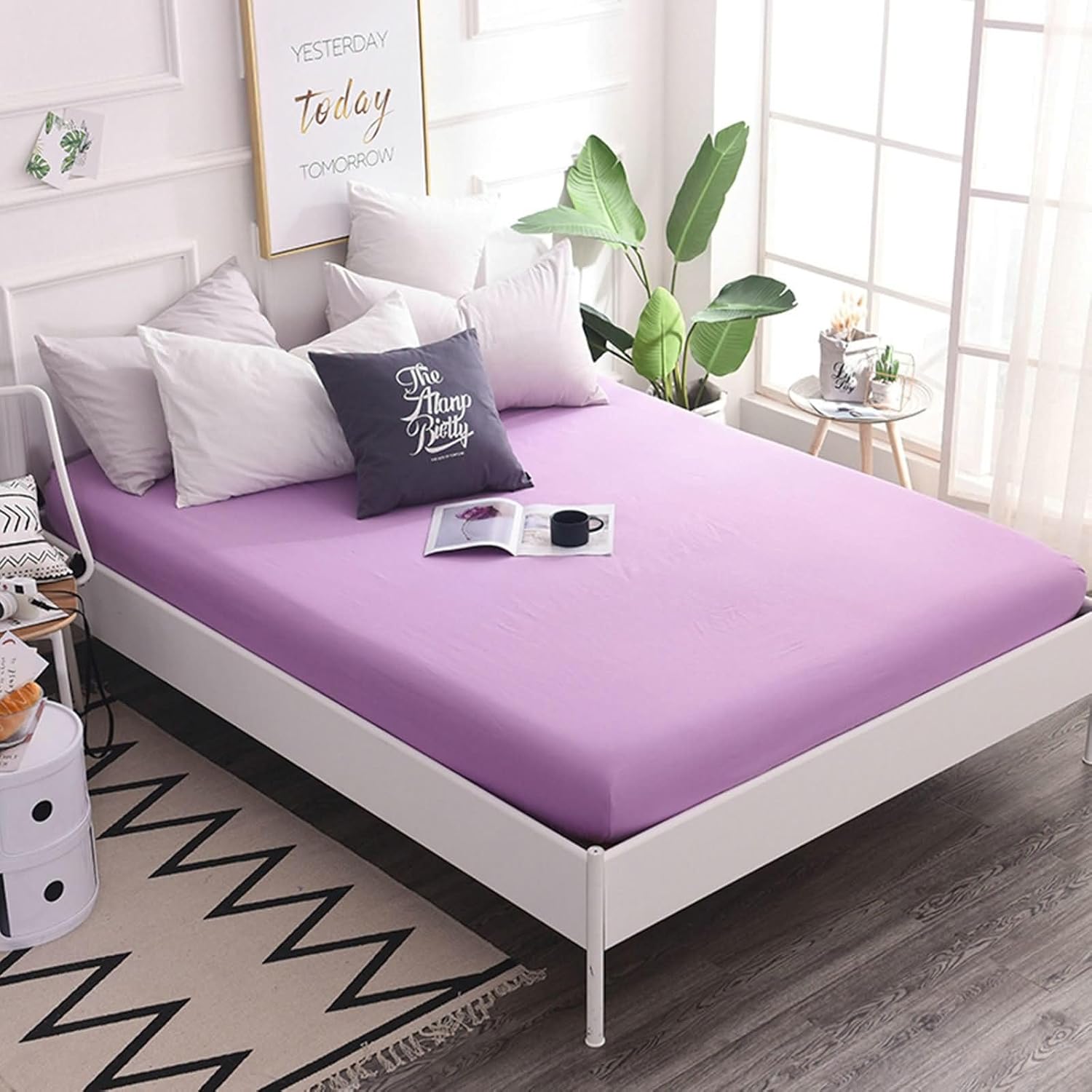 Beydodo Deep Pocket Fitted Sheet, Fitted Bed Sheets 150x200cm Solid Light Purple, Cotton Fitted Bed Sheets for Dorm
