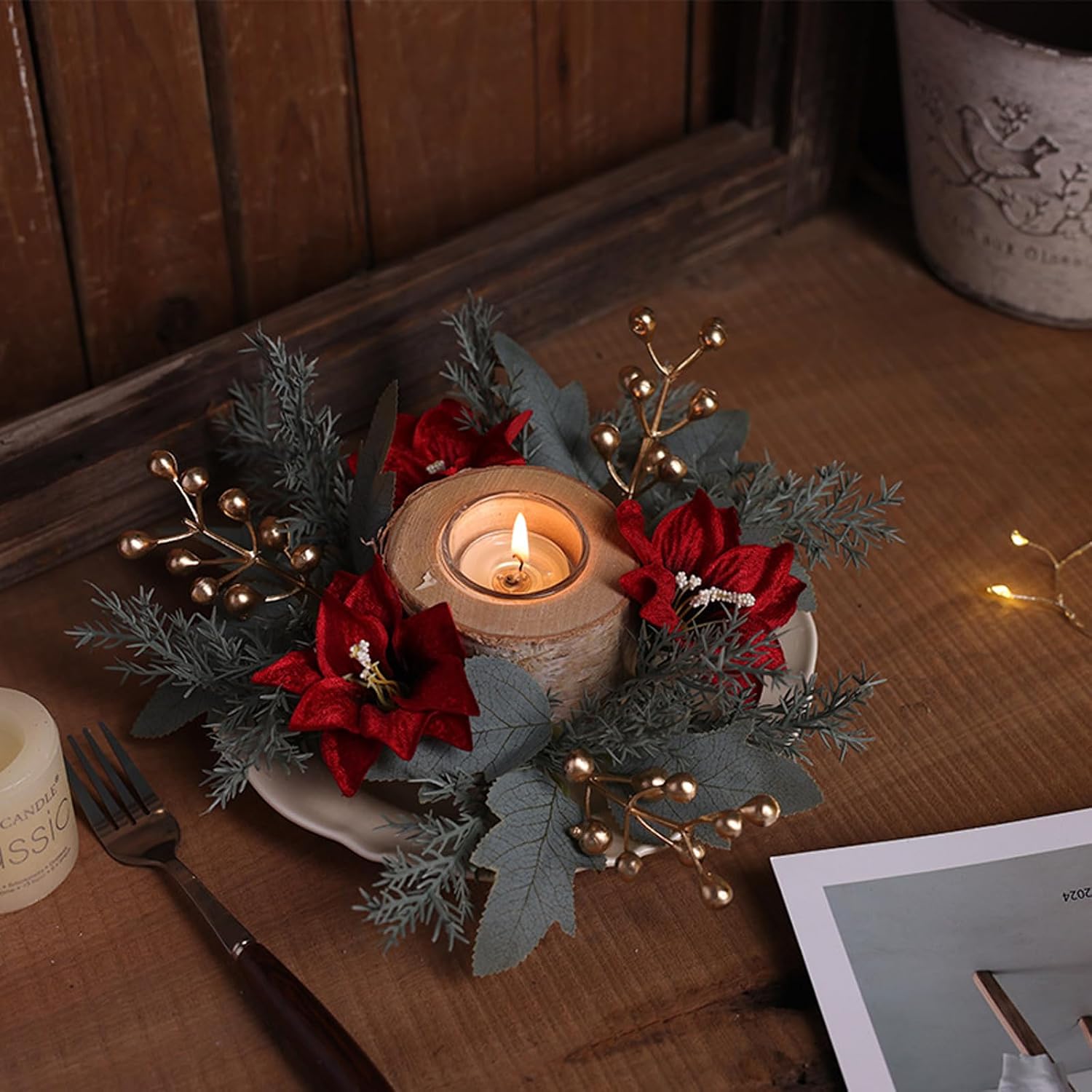 Christmas Candle Rings Xmas Wreaths Pine Needles Berry Red Flower Candle Decoration Winter Party Centerpiece Candle Holder for Tables Decor