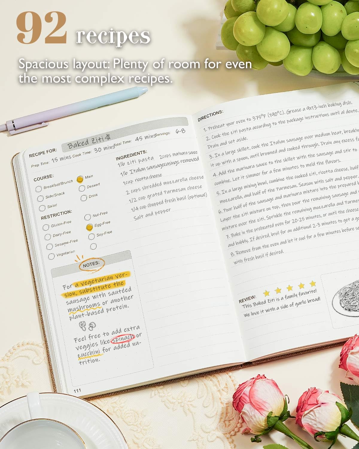 hi!SCI Leeres Rezeptbuch zum Einschreiben eigener Rezepte, 25,4 x 17,8 cm, großes Kochbuch, gebundenes Tagebuch für 96 Rezepte, Kunstleder, vorgedruckte Seitenzahlen und Inhaltsverzeichnis
