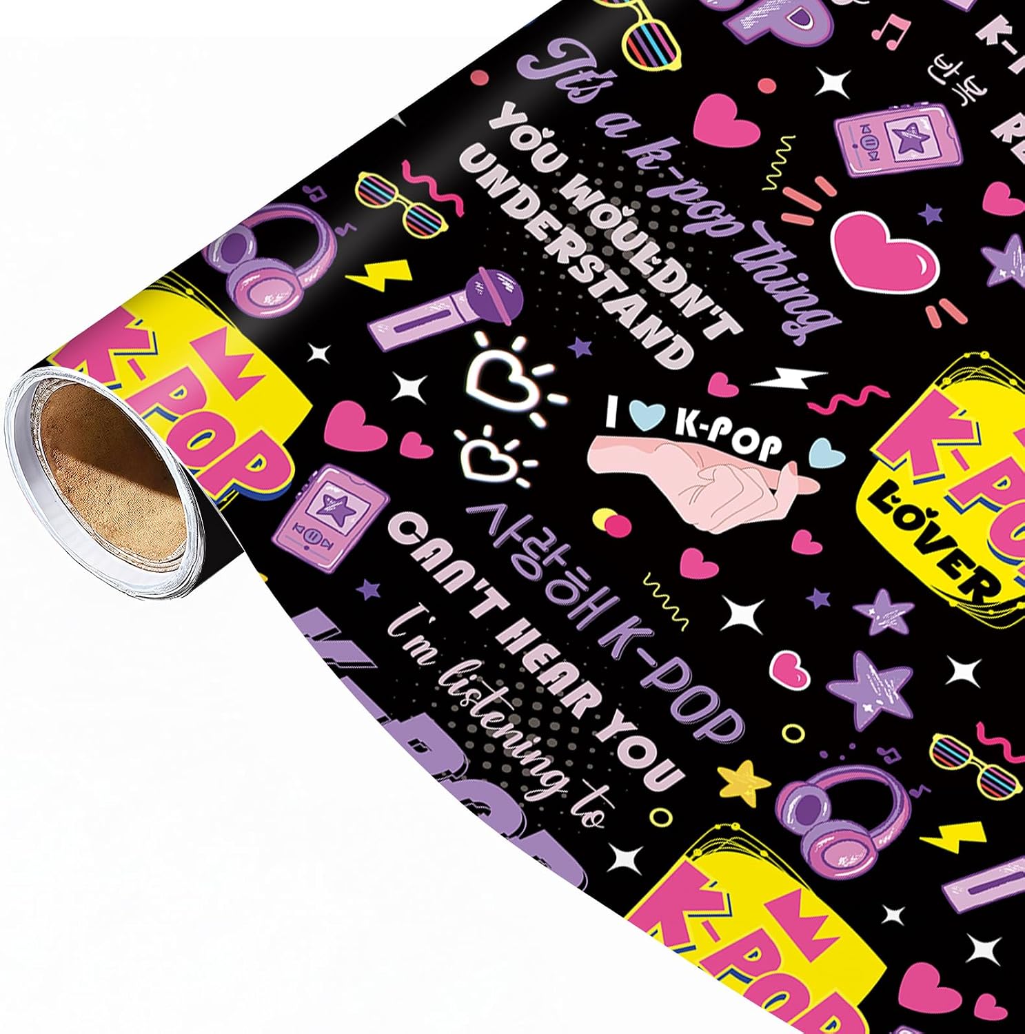Joviwrap Kpop Wrapping Paper Roll, Korean Pop Music Themed Gift Wrap, Korean Music Lover Kpop Gift Wrapping Paper, Heart Microphone Headphones Designs for Birthday, Party - 17 Inch x 16.4 Feet