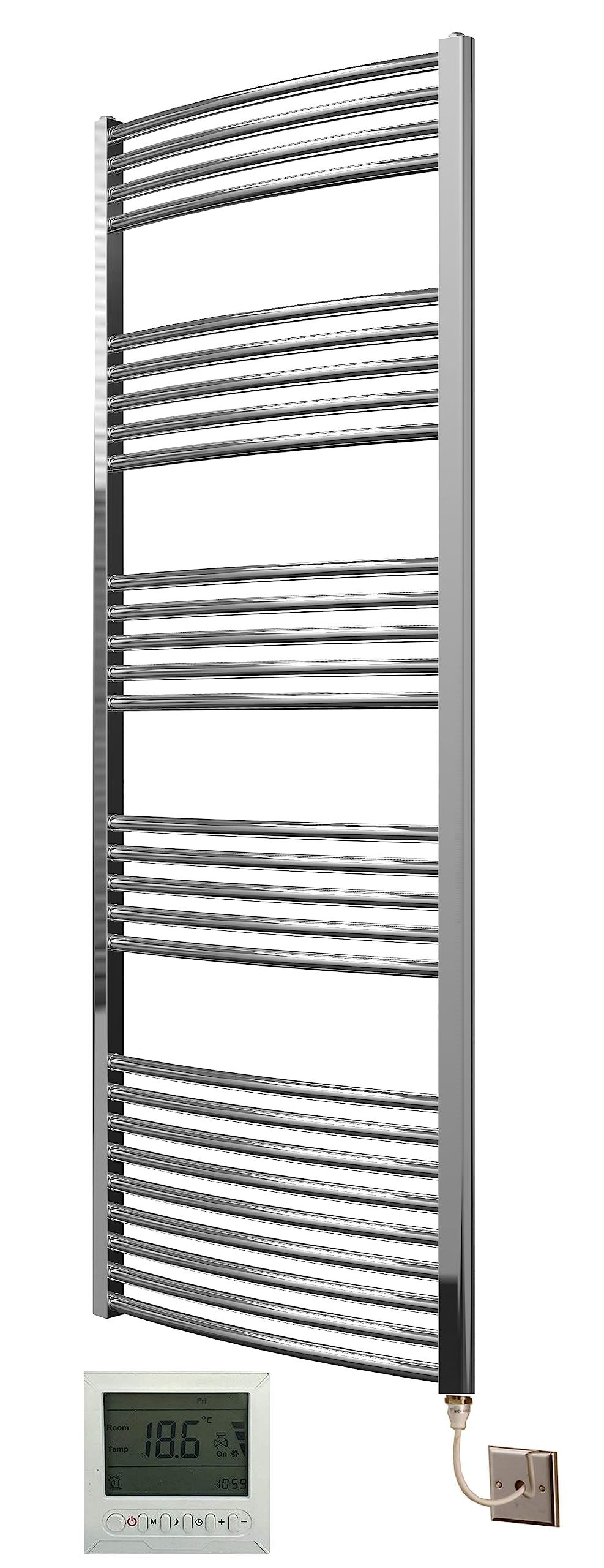Greened House Chrome Greened Hosue Electric 600W X 1600H Curved Towel Rail + Timer And Room Thermostat