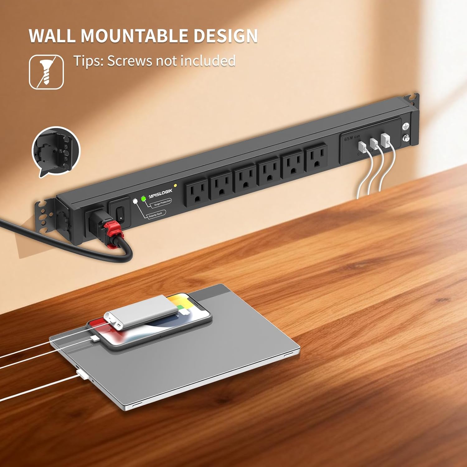 Surge Protector Power Strip, 6 Outlet Mountable PDU Power Strip with Switch, 65W Fast Charging 3 USB Ports, Heavy Duty Power Strip Surge Protector 1800J, 6 Feet Auto Lock Extension Cord, 15A/1875W