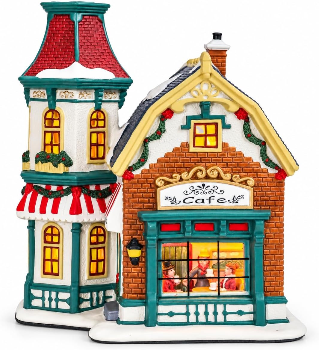 Bdor Lighted Christmas Village House, Ceramic Cafe Buildings Decor