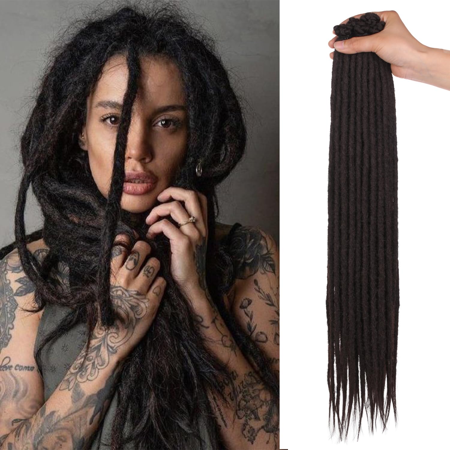 Mscat 24 Inch Synthetic Dreadlock Extensions 20 Strands SE Hippie Dreads Chocolate Brown Handmade 0.6 cm Width Loc Extensions Reggae Style Crochet Braiding Hair for Women