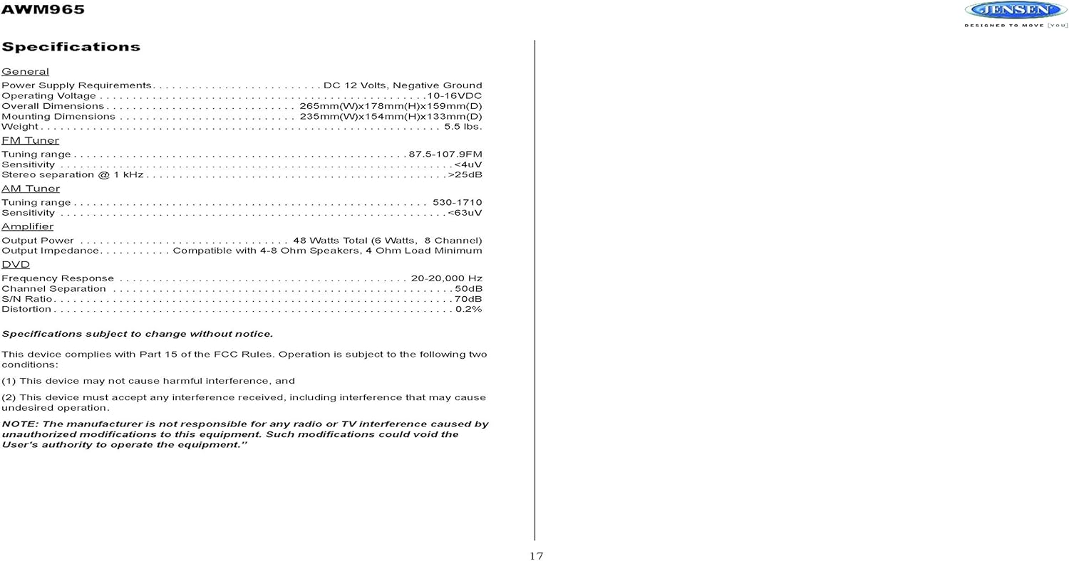 Jensen AWM965 Wiring Diagram