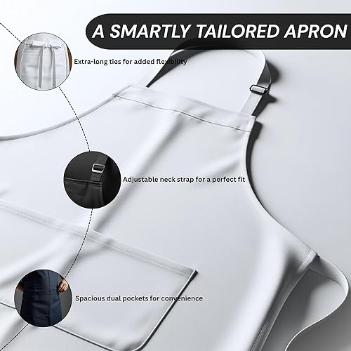 Miniatura 7 de ROYALE LINENS Paquete de 2 delantales ajustables con 2 bolsillos, delantales de cocina de chef para mujeres y hombres