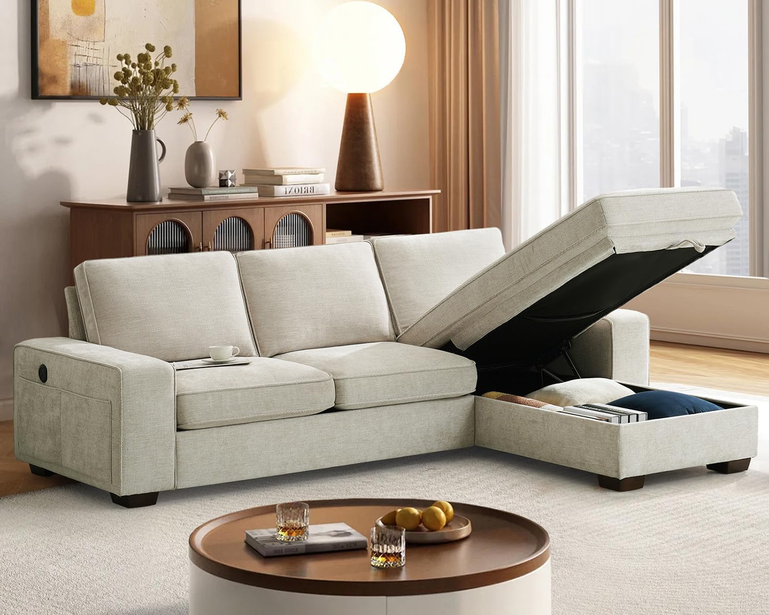 EASELAND101" Chenille High Back Couch, L Shape Convertible Sectional Sofa, 3-Seat Modern Comfy Couch for Living Room, Deep Seat Sofa with Removable Cover, Storage Chaise, High Armrest,USB Port(Beige)