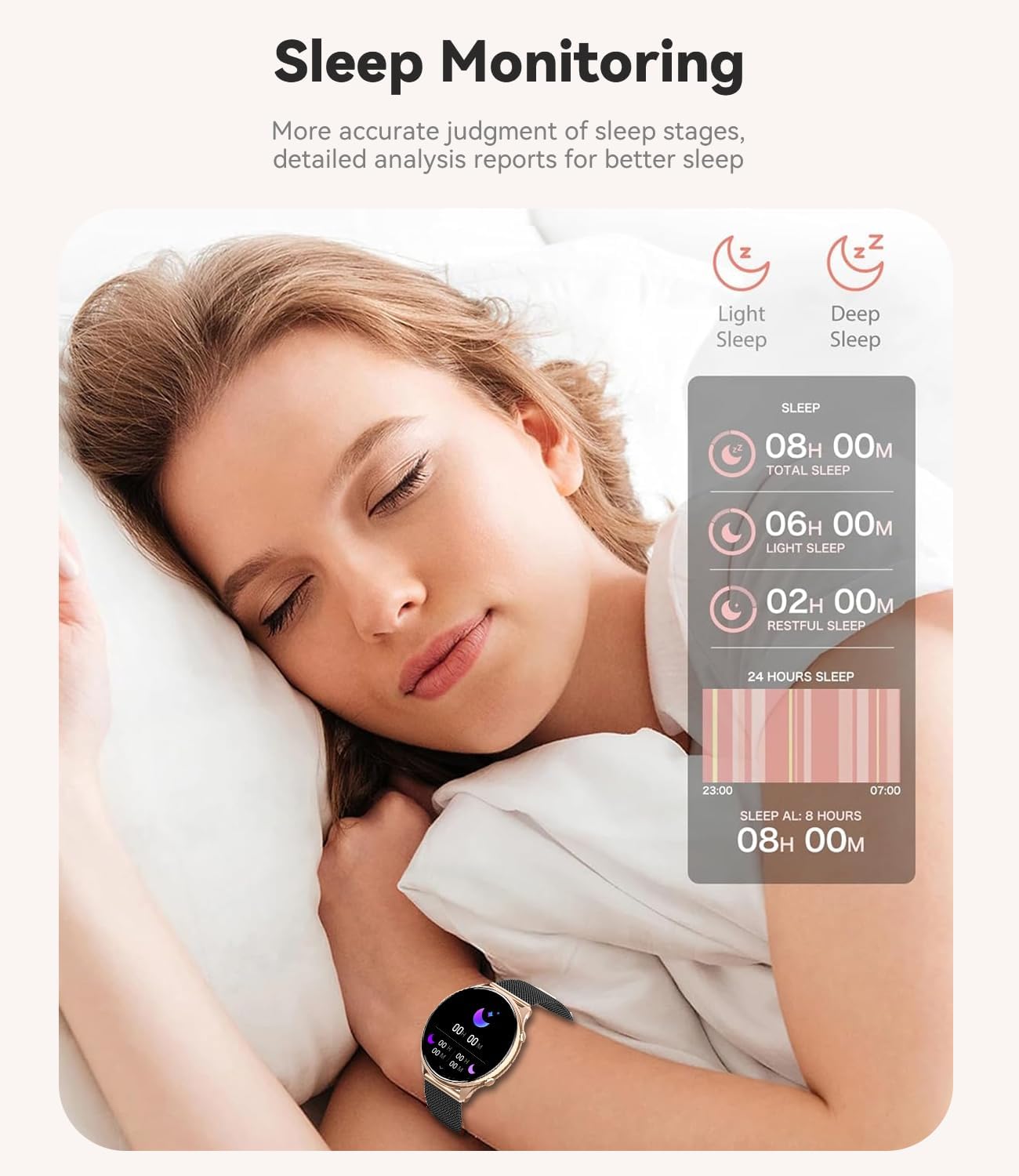 Woman sleeping with smartwatch on, showing sleep monitoring data on a phone screen.