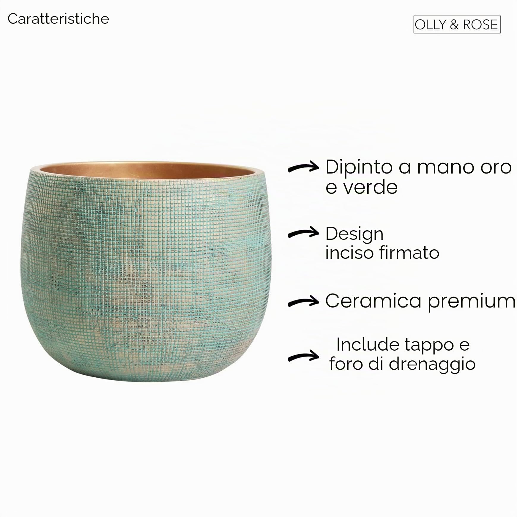 Olly & Rose Bali - Vaso per piante in ceramica verde e oro, grande, 25 cm, per interni ed esterni (verde e oro grande)