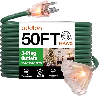 addlon 50FT 16/3 Lighted Outdoor Extension Cord with 3-Plug Outlet, Heavy Duty Extension Cord with 3 Prong Grounded Plug for Safety, 13AMP, Listed ETL