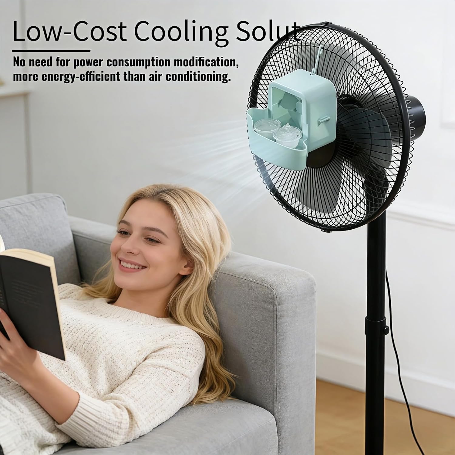 Portable Fan Cooling Attachment - No-Drill Ice Box Fan Cooler with Hook, Energy-Saving Evaporative Air Cooler for Home, Office, Apartment, Patio & Outdoor Tent (Blue)