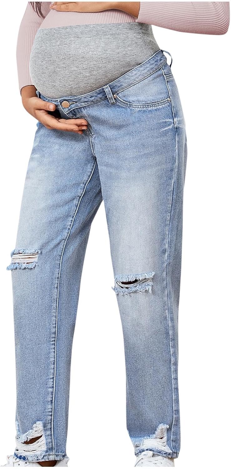 Women's Denim Pants Straight Leg Pregnant Maternity Jeans Over Belly Ripped | Distressed Pregnancy Trousers with Pockets