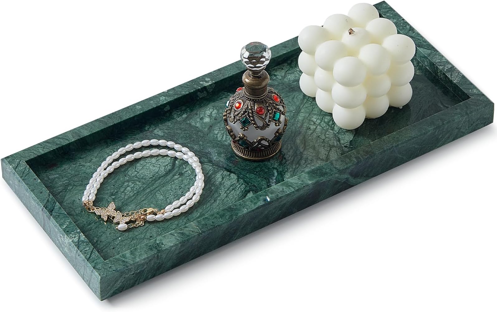 Natural Small Marble Vanity Tray, Luxury Stone Organizer for Bathroom & Kitchen | Holds Soap Dispenser, Jewelry, Perfume | Non-Resin, Non-Ceramic Décor (Green, M (11.8" x 5.1" x 0.78"))