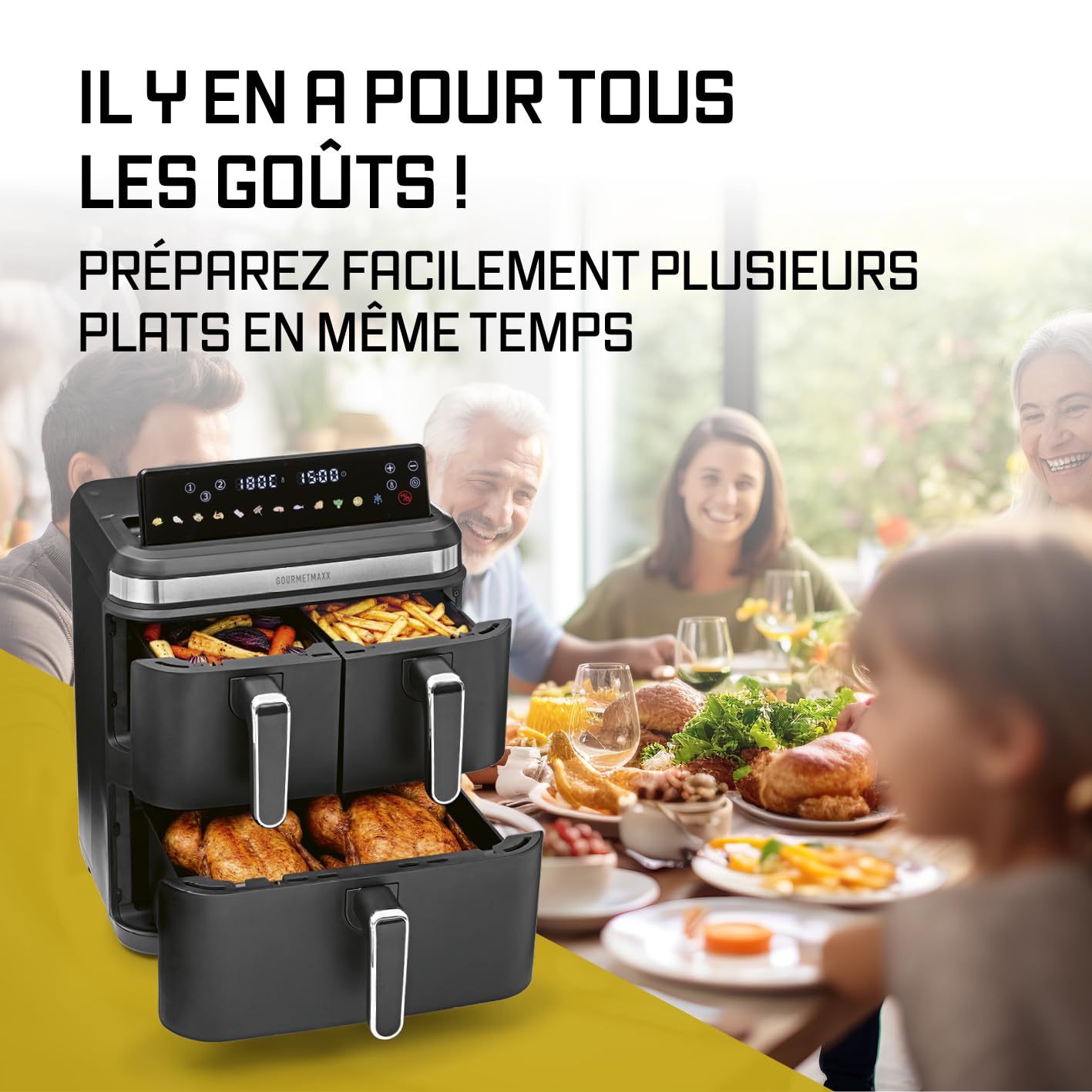 GOURMETmaxx FryUp3 Friteuse à air chaud verticale 3 chambres | Friteuse à air chaud XXL 17 litres | Airfryer avec écran tactile pliable multicolore | Friteuse à air pour 12 personnes | 12 programmes