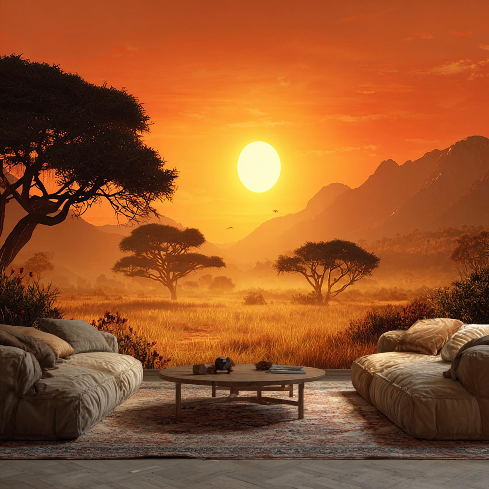NOGAWA Papier Peint Motif Africain, 3D Panoramique Papier Peint xxl Paysage Coucher de Soleil, Papier Mural Decoratif Pour Salon, Chambre, Tapisserie Murales, Décoration Murale 350x256cm