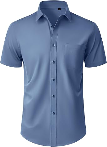 Mens Short Sleeve Dress Shirt Wrinkle Free Button Down Shirt with Pocket | Work Office, Wedding Graduation, Formal Business Casual, Party Family, Comfortable Gala, Easy Care Solid Fabric, Regular Fit