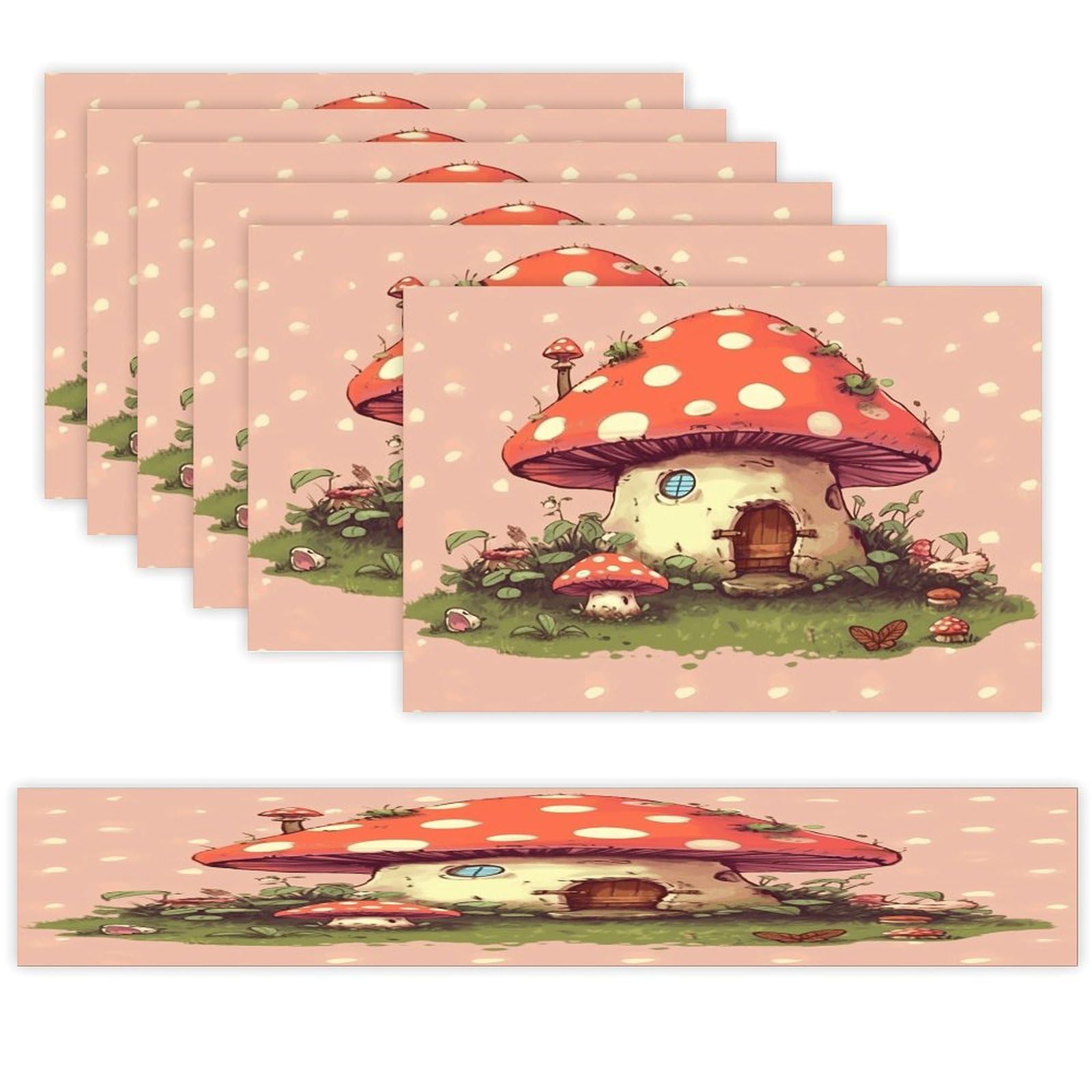 Cute Mushroom House Table Runner and Placemats Set of 6 for Kitchen Washable Table Mats Heat Resistant Place Mats Non-Slip Place Mat Wipeable Placemat(6 Placemats+1 Table Runner)