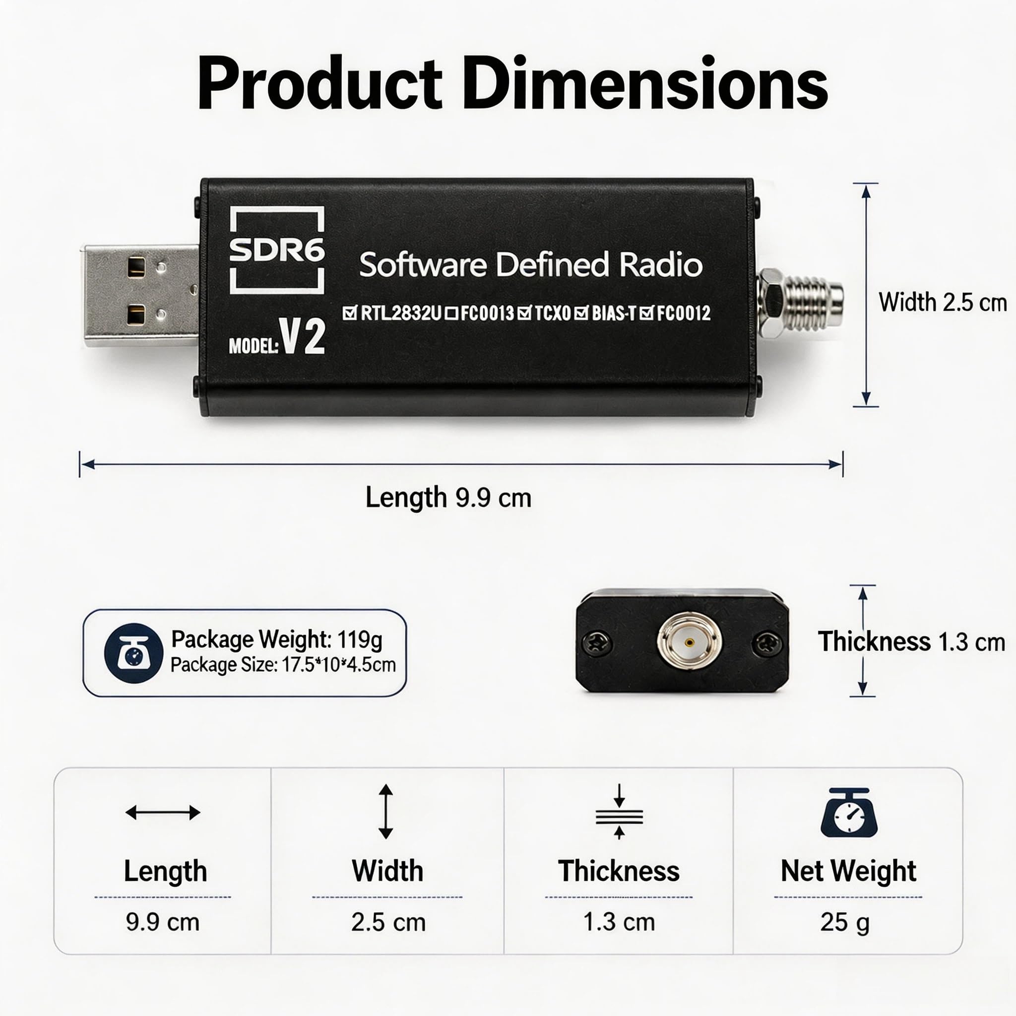 SDR6 V2 Ricevitore Radio RTL2832U USB 2.0 22-1100 MHz (SDR6 V2(FC0013) Kit antenna base magnetica)