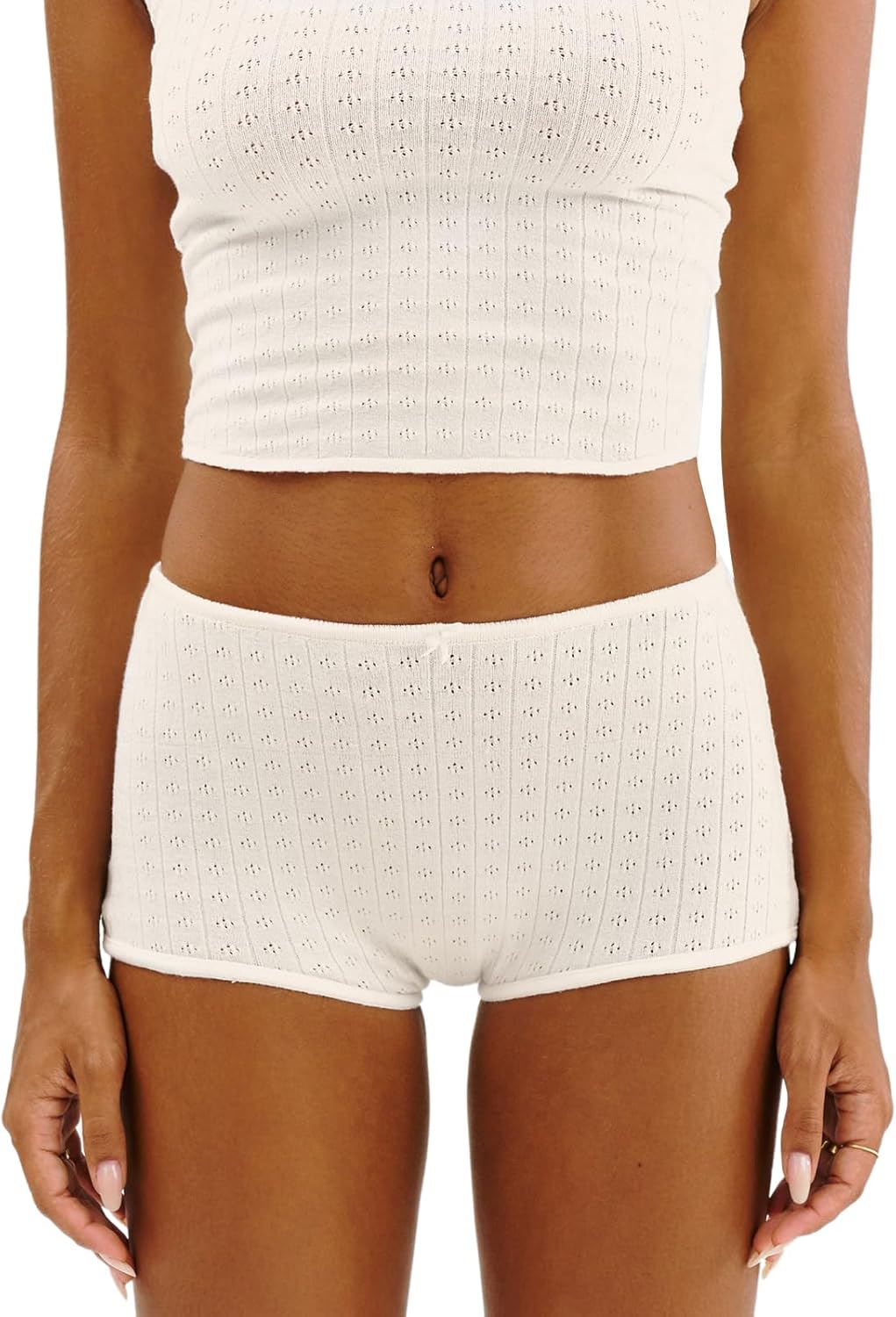 RUEWEY Women Floral Pajama Set Spaghetti Strap Lace Cami Crop Tops and Shorts Knit Lounge Set 2 Piece Outfits - Image 5