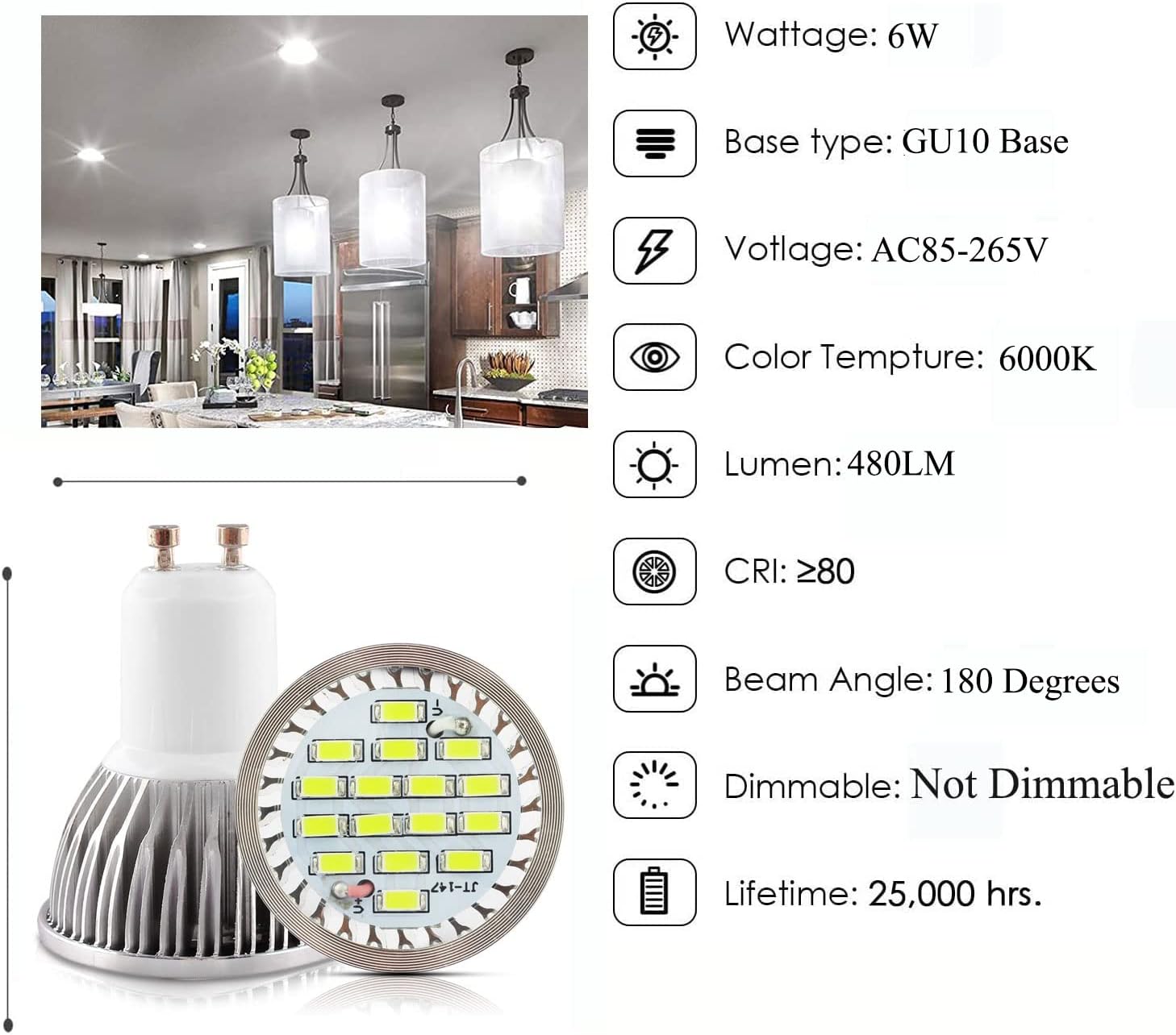 MR16 LED Light Bulbs (6 Pack) 6W Non-Dimmable MR16 GU10 Base Bulbs 50 Watt Equivalent MR16 Full Glass Cover 6000K Daylight White for Family,Office,Track Lighting