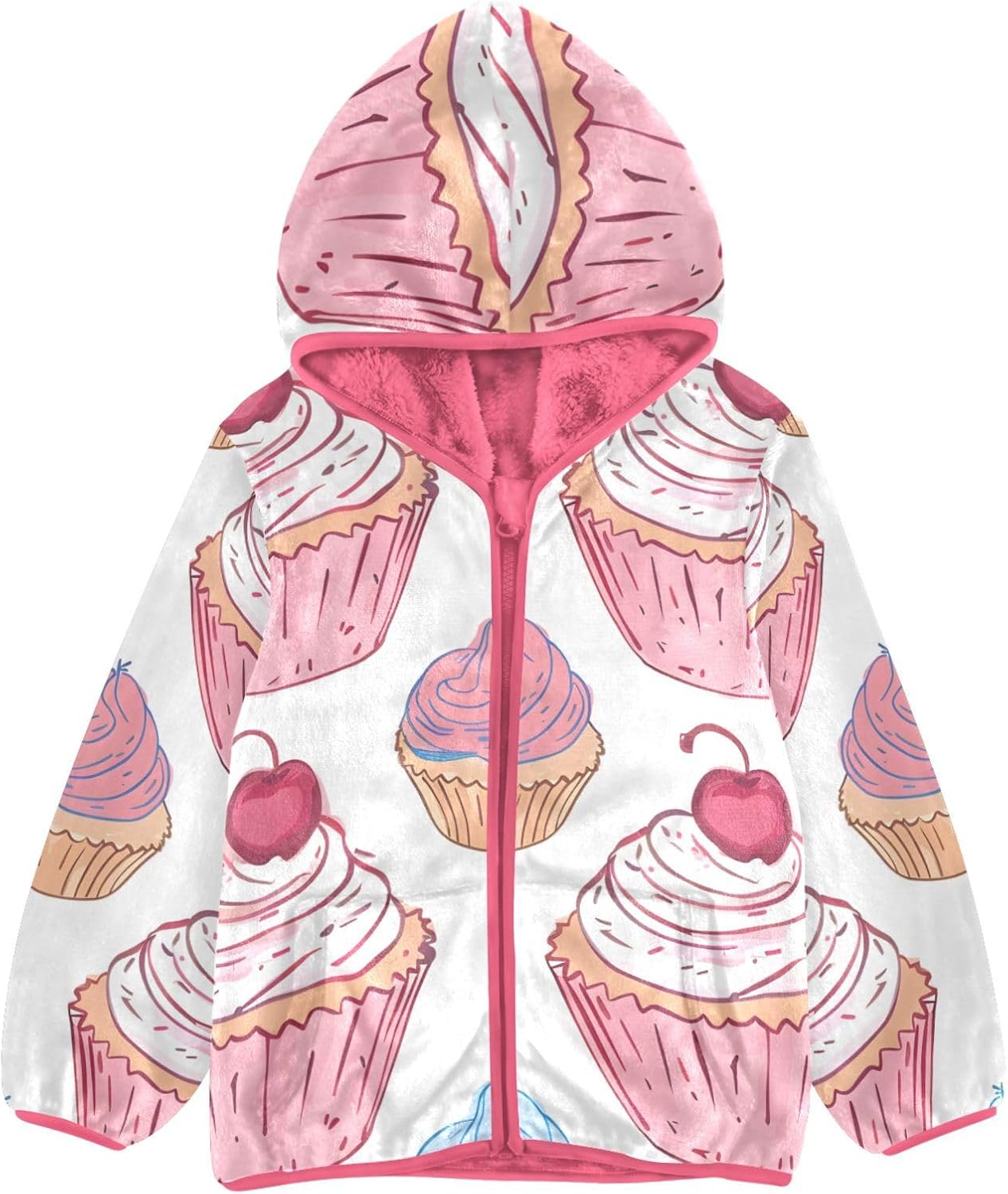 ALAZA Cup Cakes Doodle Hoodie Jacket for Girls Toddler Fleece Zip Up Coat Plush Jacket Long Sleeve Outerwear for 3 Years