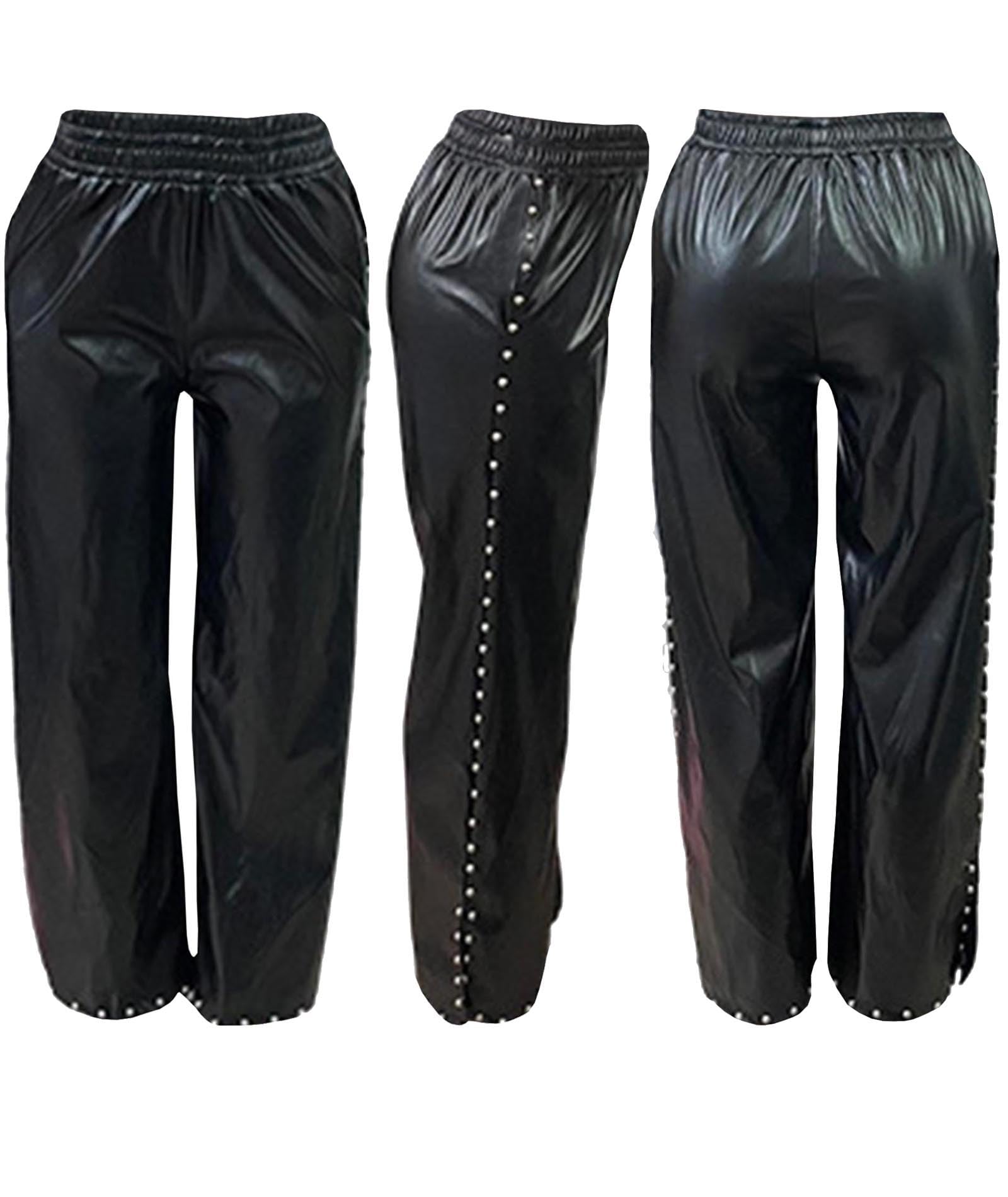 SOMTHRON Pantalon en cuir synthétique pour femme - Taille haute élastique - Jambe large - Perles cloutées - Fente latérale