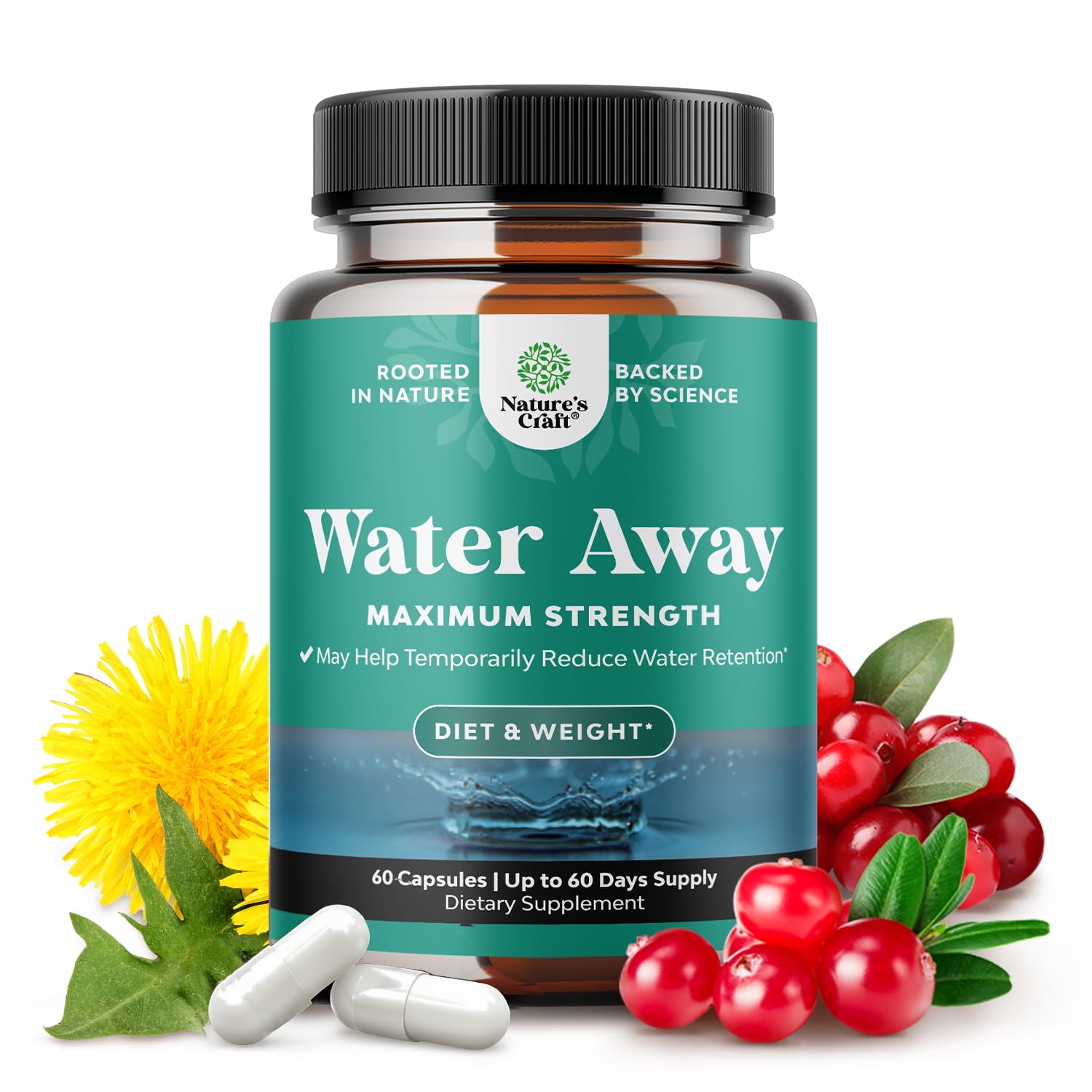 Water Away Herbal Diuretic Pills High Strength - Fluid Retention Supplement with Dandelion Leaf Extract & Green Tea for Bloating Relief for Women & Men - Capsules for Leg & Feet Swelling - 60 Count