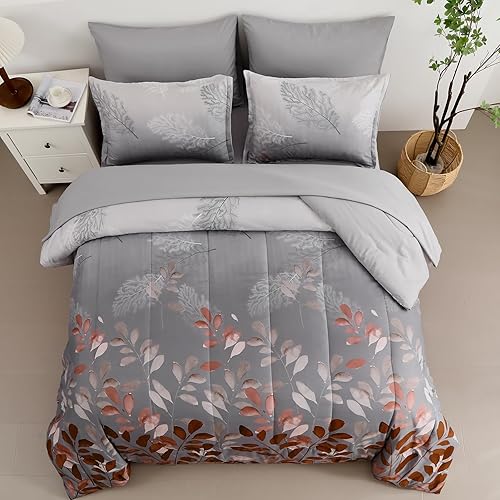 Miniatura 4 de Juego de edredón marrón tamaño King de 7 piezas, cama floral en una bolsa con patrón de hojas degradadas, juego de ropa de cama botánica para todas