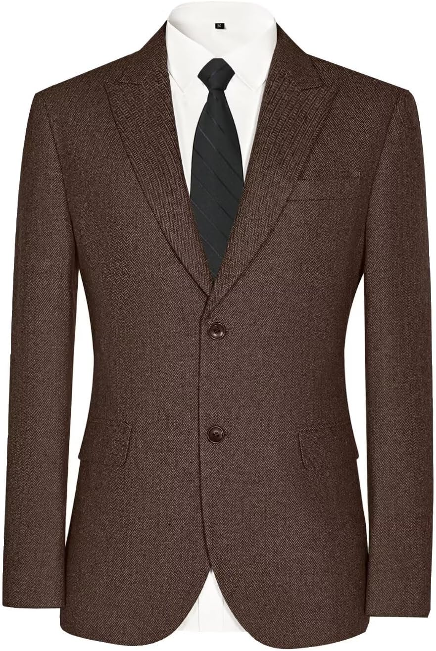 Mens Blazer Formal Vintage Herringbone Tweed Suit Jacket Men Wool Blend 2 Button Peak Lapel Sport Coats for Men Wedding Prom