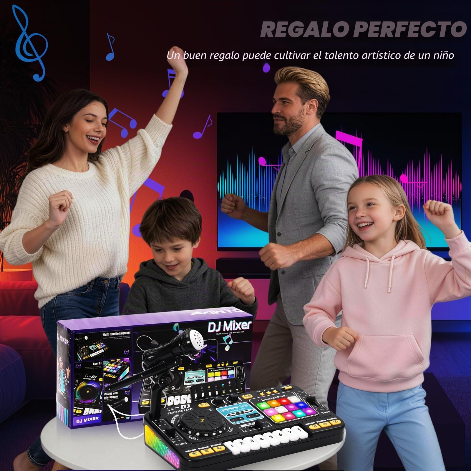 Mesa de Mezclas DJ Infantil con Teclado Piano - Kit DJ Niños con Bluetooth, Micro y Altavoz - Piano para Niños, Instrumentos Musicales Infantiles con 12 Pistas MIDI - Regalo Niña y Niño 3 Años