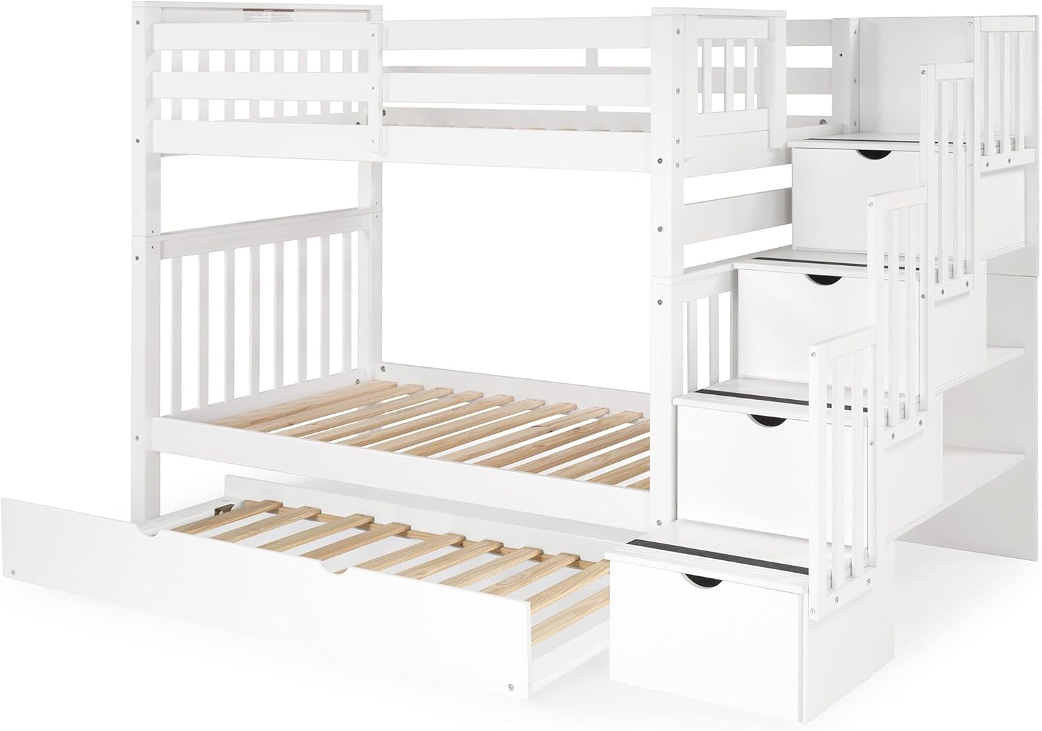Bedz King Tall Stairway Bunk Beds Twin Over Twin, 4 Step Drawers and a Twin Trundle, White