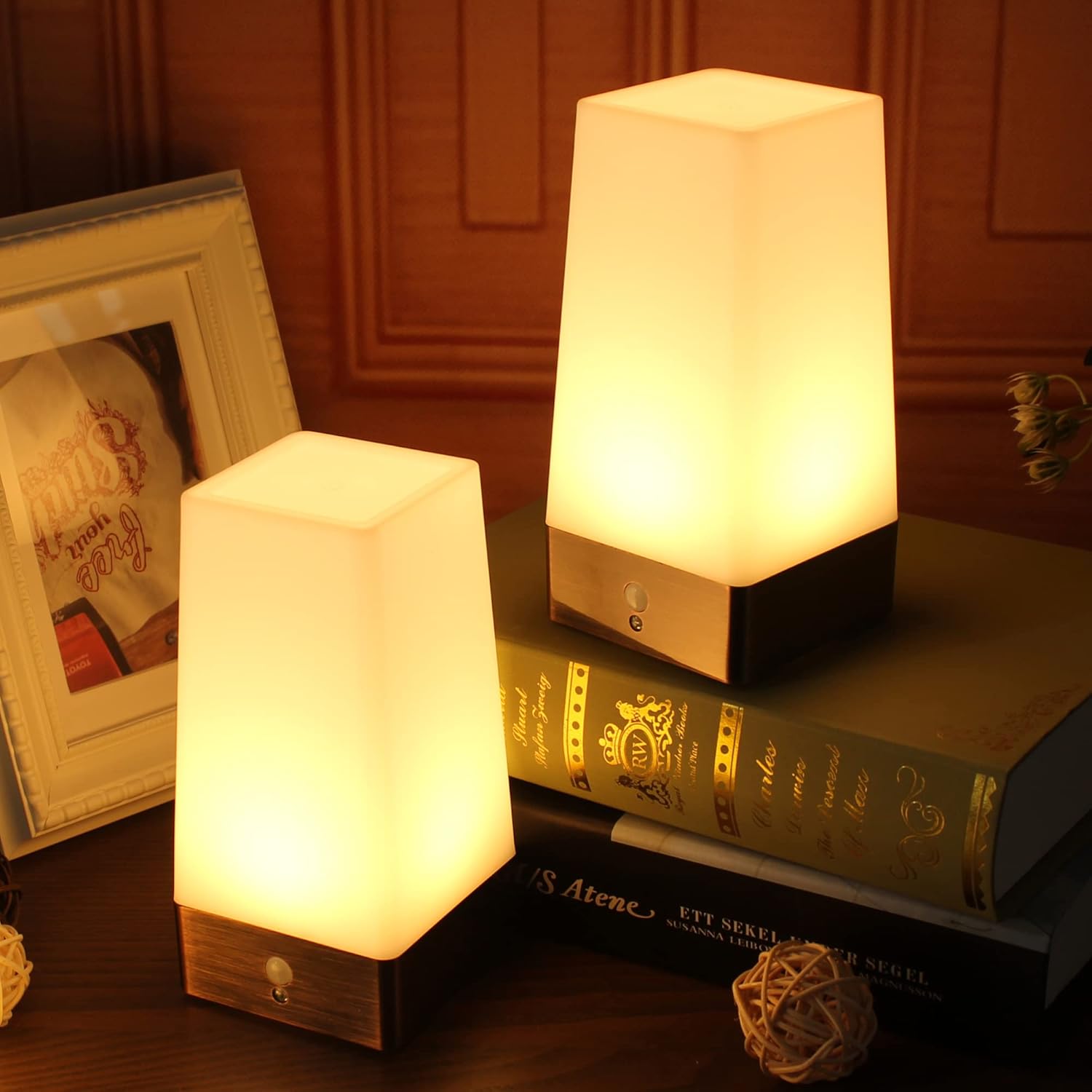 2pack Square Retro LED Night Light,Bedside Lamp with Wireless PIR LED Motion Sensor Night Light, Battery Powered Light for Living,Bedroom,Bathroom,Hallway,Kitchen…