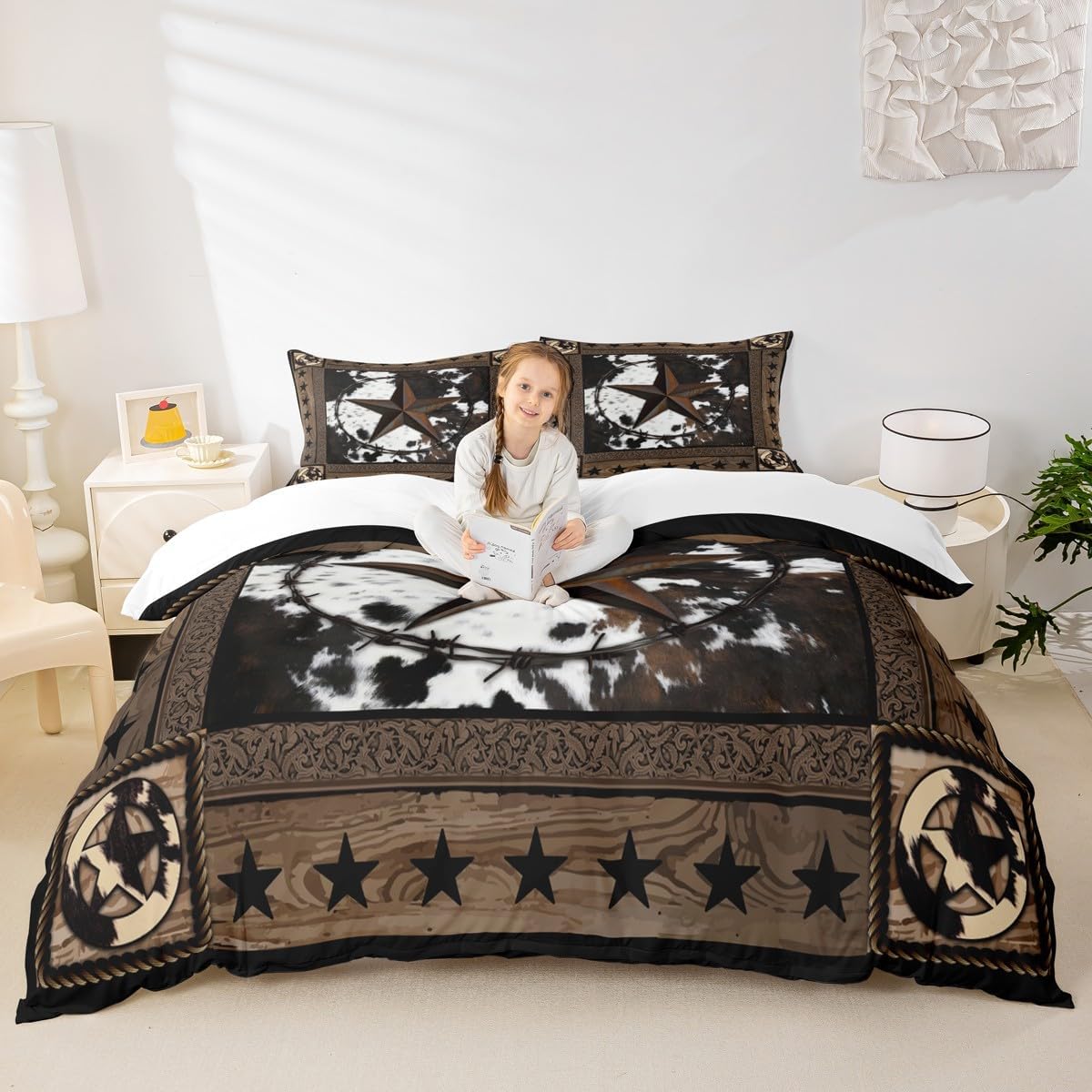 Abstract Cow Fur Print Kids Duvet Cover Set King Size,Boys Girls Adults Xmas Decor,Western Stars Wooden Board Comforter Cover,Rustic Farmhouse Bedding Set,Brown Retro Quilt Cover,2 Pillowcases