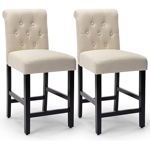 LSSPAID Bar Stools Set of 2, 24 Inch Counter Height Chairs, Upholstered Fabric Padded Kitchen Island Wood Barstools with Button Tufted Backrest and Solid Wood Legs, Beige