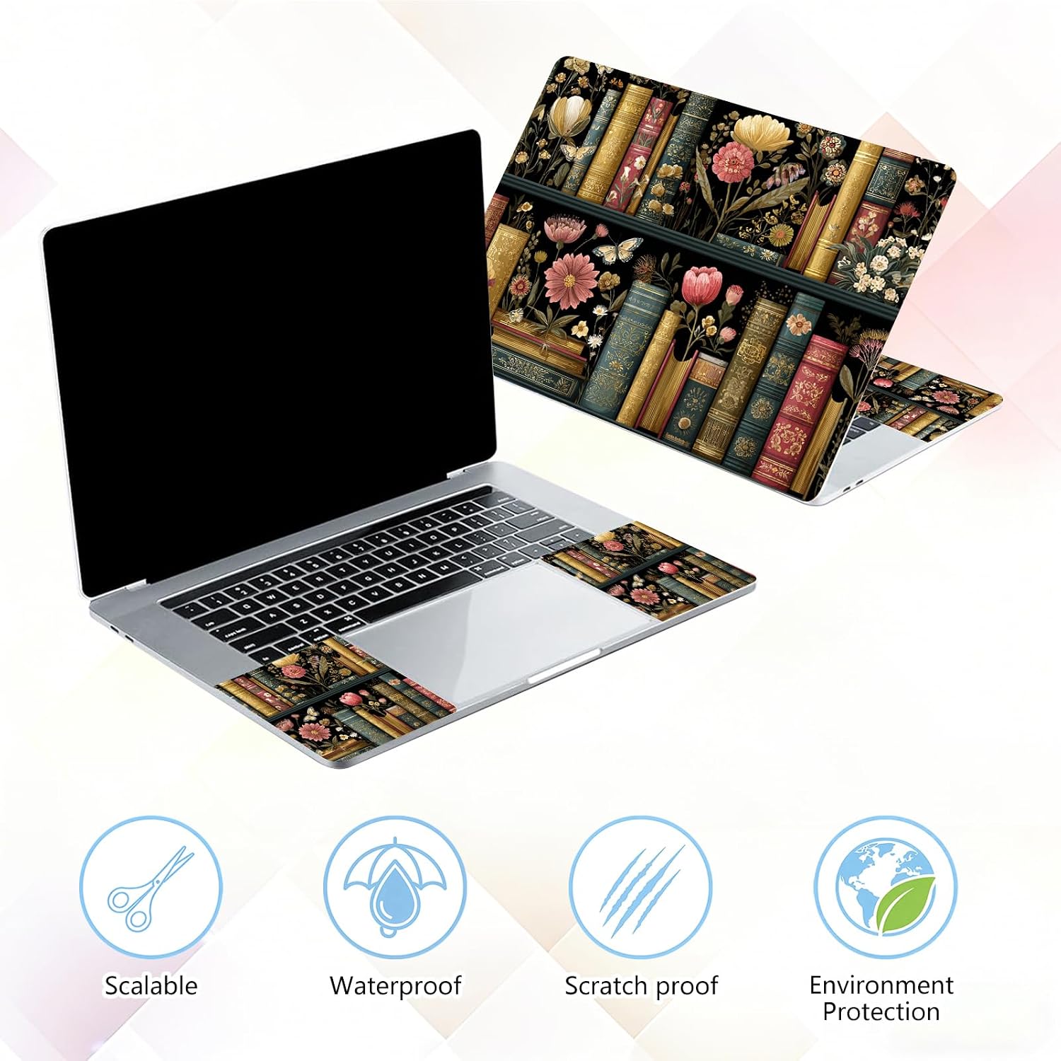 Laptop Skin Sticker Decal 15-15.6 Inch with Cute Mouse Pad, Universal Reusable Vinyl Sticker for 12.1 13 13.3 14 15.4 Inch Netbook and Notebook PC, Bookcase Floral