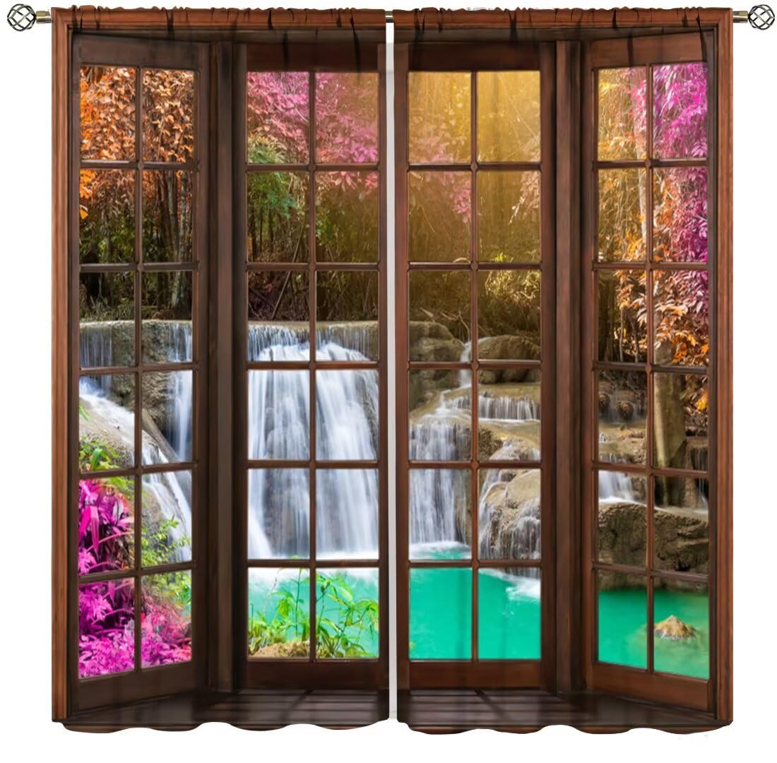 Nature Landscape Curtains,Summer Forest Waterfall Window Treatments for Bedroom Living Room Jungle Scenery Red Flower Print Drapes 2 Panels Set,Total