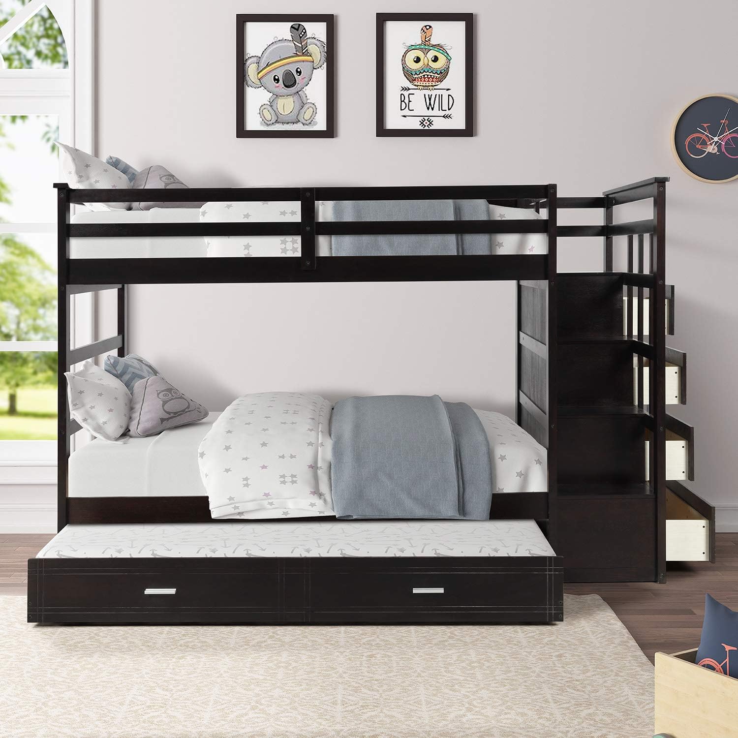 Twin Size Bed Frame for Bedroom Solid Wood Bunk Bed Hardwood Twin Over Twin Bunk Bed with Trundle and Staircase No Box Spring Needed Espresso 97.2" L x 42.4" W x 65.7" H