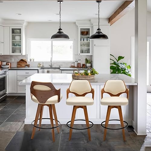 Miniatura 4 de Swivel Bar Stools Set of 2,Counter Height Bar Stools,Upholstered Bar Chair with Bamboo Legs,Low Back Counter Stools for Kitchen Island (Beige-Pu)