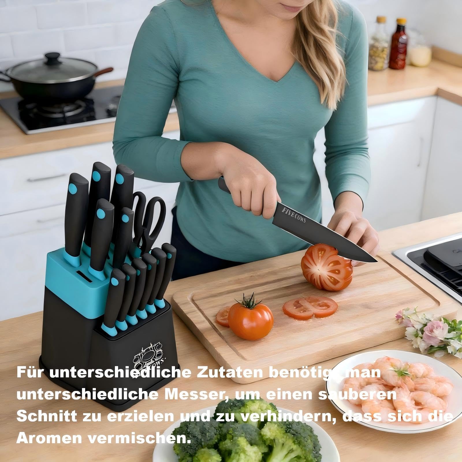 Messerblock Set, mit 14-teilige, Küchenmesser Set, mit Selbstschärfender Messerblock, mit steakmesser und Schere, Schwarze Beschichtung verhindert Oxidation, für den Küchengebrauch(Grün)