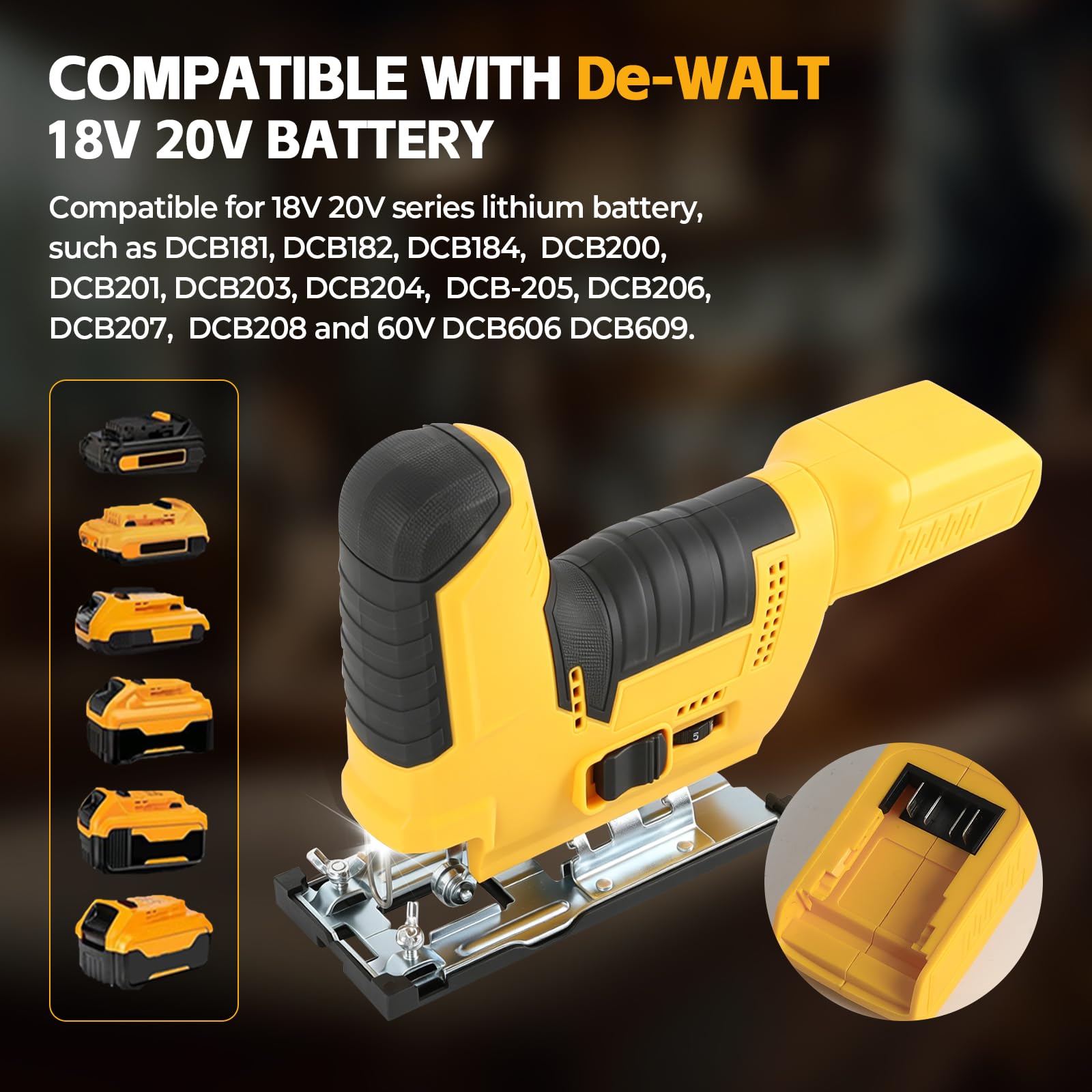 Akku-Stichsäge für Dewalt 20 V Max Akku, bürstenloses Stichsägen-Trennwerkzeug, 2800 U/min 45 ° abgeschrägte Schnitte mit Stichsägeblättern für gerades/Kurven-/Kreisschneiden (Gelb for Dewalt)