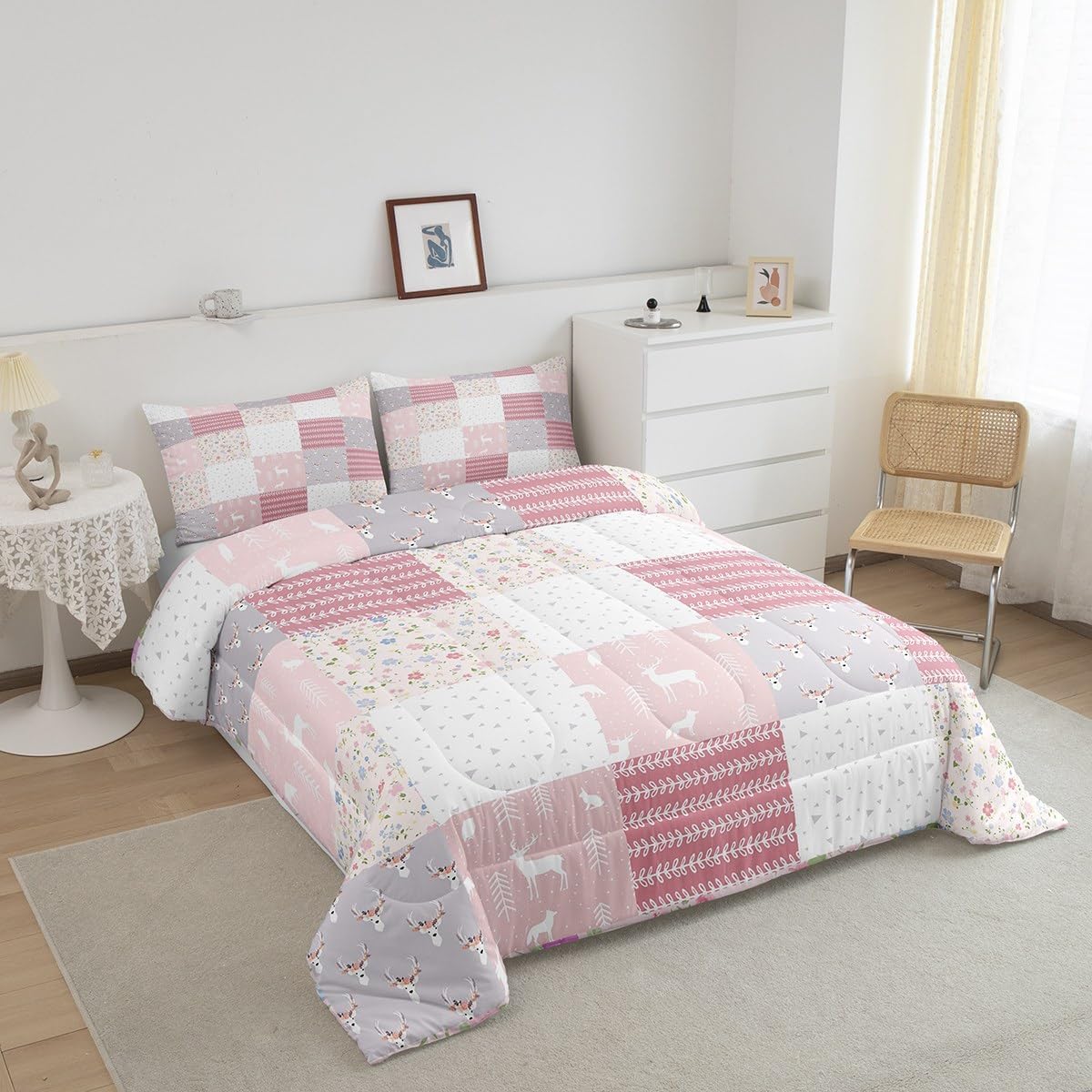 Castle Fairy Deer Antler Comforter Set Queen Size,Deer Wild Animal Hunt Plaid Geometric Bedding Set for Women Adult,Pink Flowers Floral Leaves Patchwork Luxury Bed Duvet Insert, 2 Pillowcases