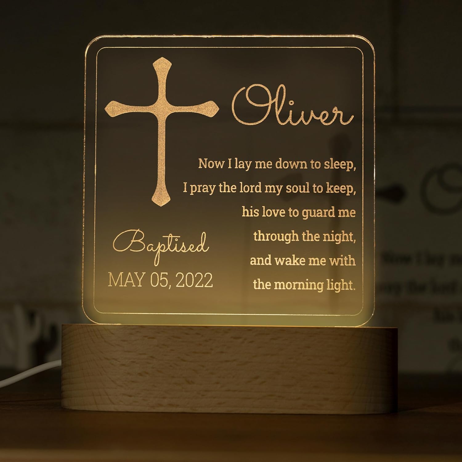 Baptism Gifts for Girls and Boys, Personalized Night Light with Cross, Nursery Room Decor, Custom W/Name & Date, Christening Gifts for Baby Shower, Birthday, Xmas