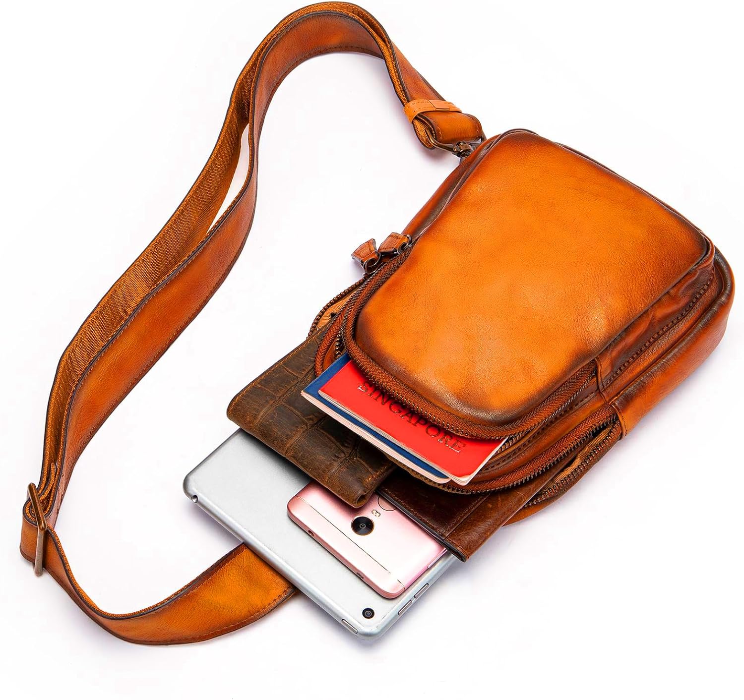 NIUCUNZH Genuine Leather Sling Bag, Handmade Vintage Crossbody Shoulder Bags Small Travel Pack for Women and Men