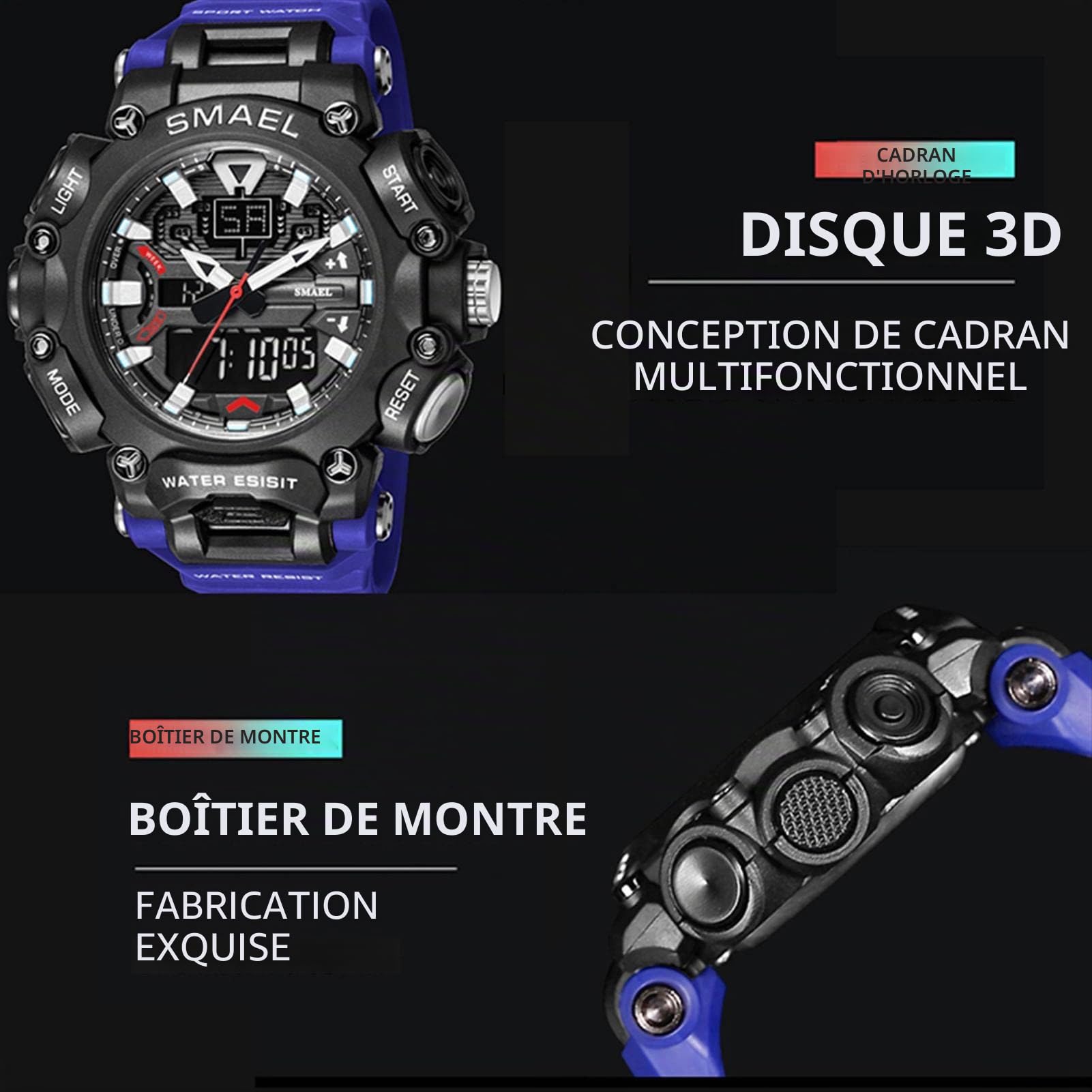 SMAEL Montre Homme, Rétro-Éclairage LED Imperméables Analogiqu Quartz Chronographe, Outdoor Sport Montre Digital Tactique Militaire, avec Chronomètre,Alarme