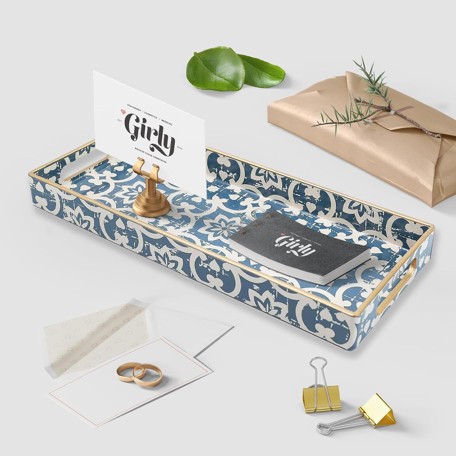 Bathroom Vanity Tray for Countertop, Small Plastic Toilet Tank Tray Versatile Storage & Organization Tray for Makeup, Perfume, Desk, Kitchen, Candles, 13.7"x6"x1.4", 35Boho1