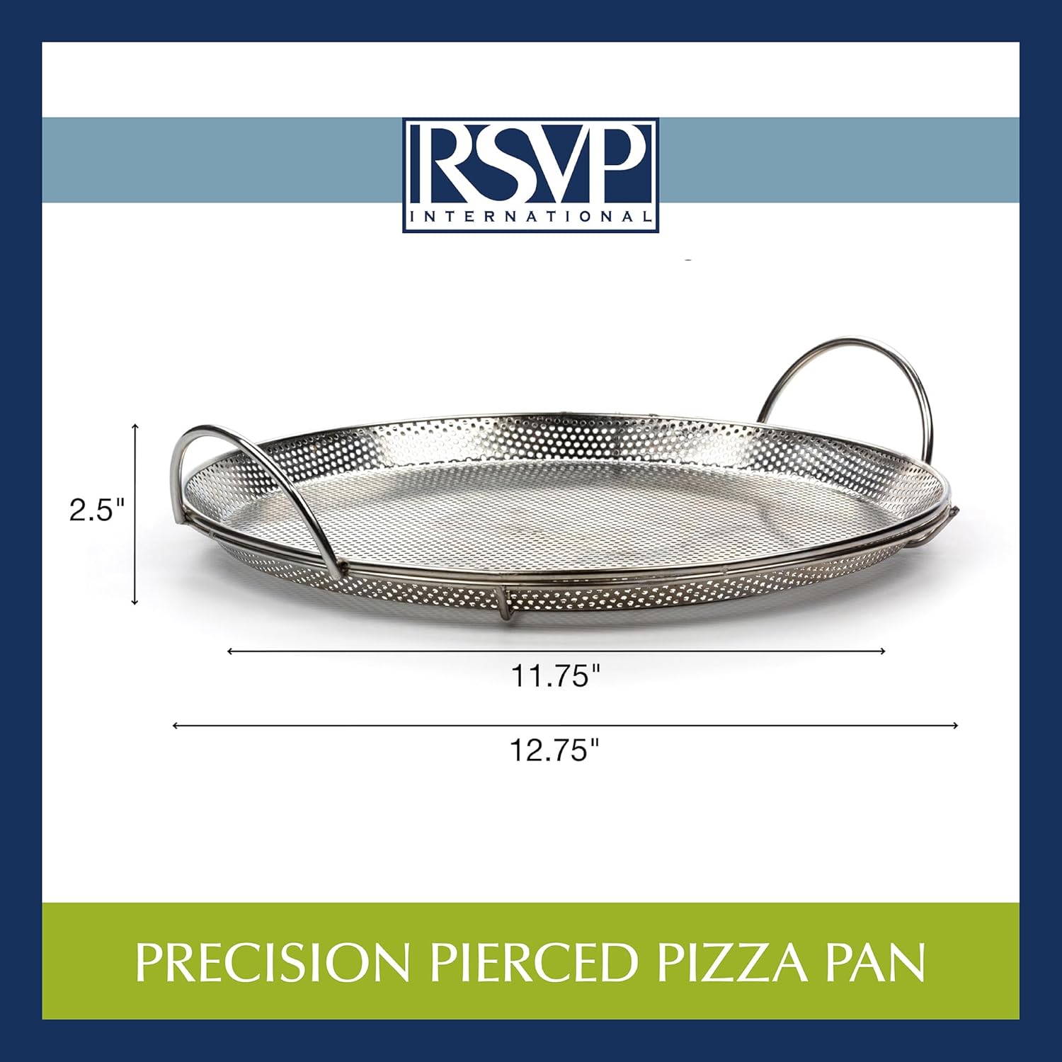 RSVP International Endurance® Stainless Steel Precision Pierced Pizza Pan, 11.5" | Use on Grill or Oven | Brown Crispy Crust Without Burning Pizza | Dishwasher Safe