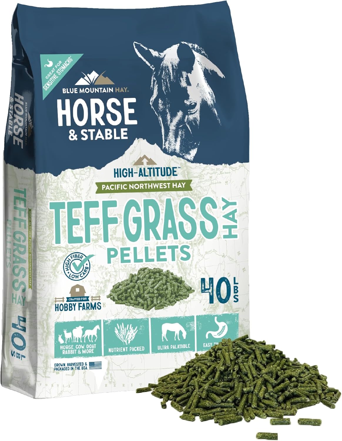Blue Mountain Hay High Altitude Teff Grass Hay Pellets (40 lb), Ultra Premium Nutrient Dense Forage, Small Quick Soaking Low Dust Pellets, Easy to Measure, Automatic Feeder Friendly