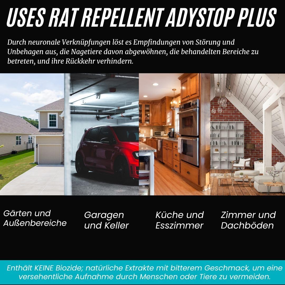 Ratten und Mäuseabwehr | Rattenschutz für Innen und Außen | Ratten & Nagetierabwehr | Natürlich, sicher und effektiv, Ohne Rodentizid giftfrei. Mittel gegen Ratten RAT REPELLENT ADYSTOP PLUS